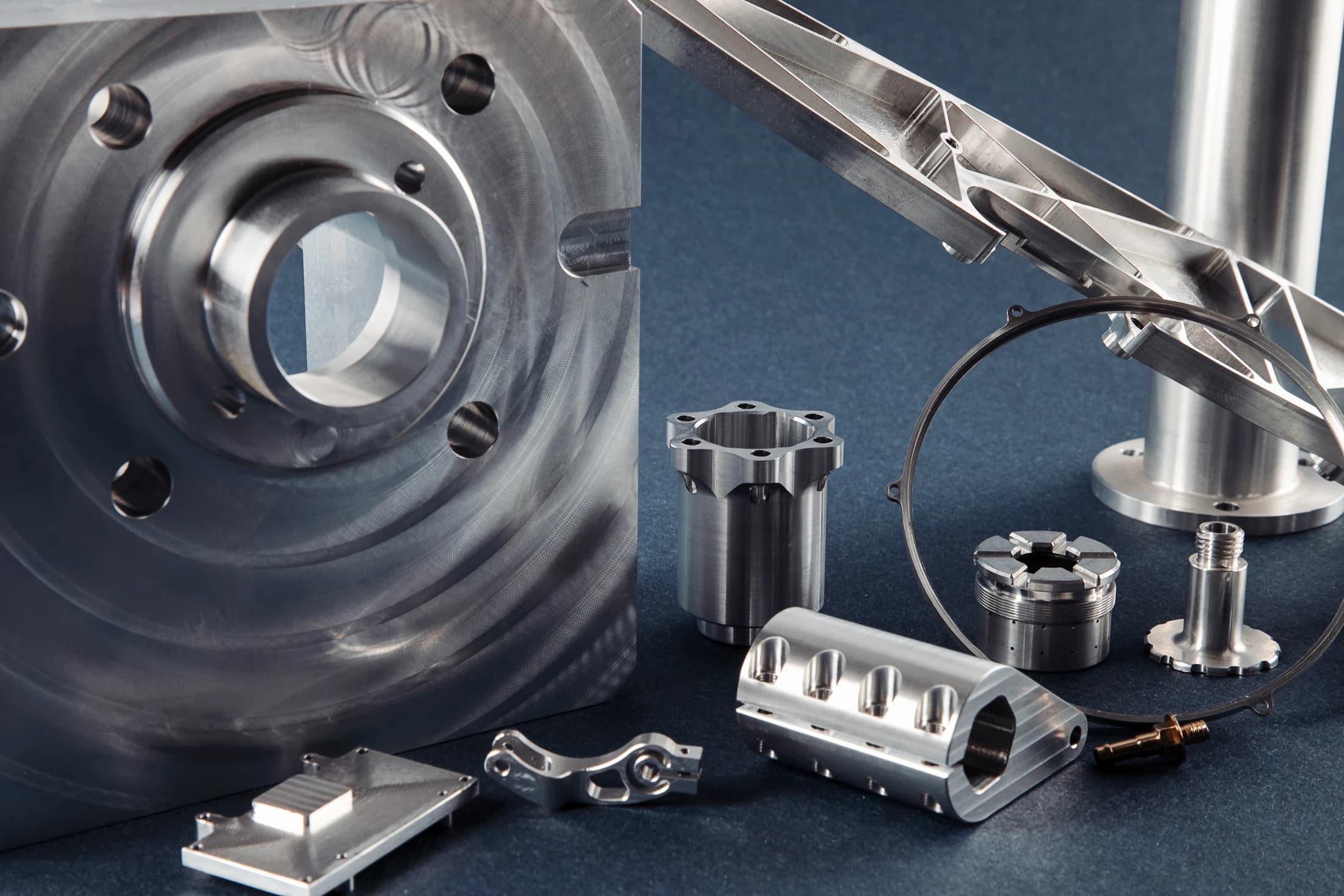 Manufactured parts close-up on a dark blue background